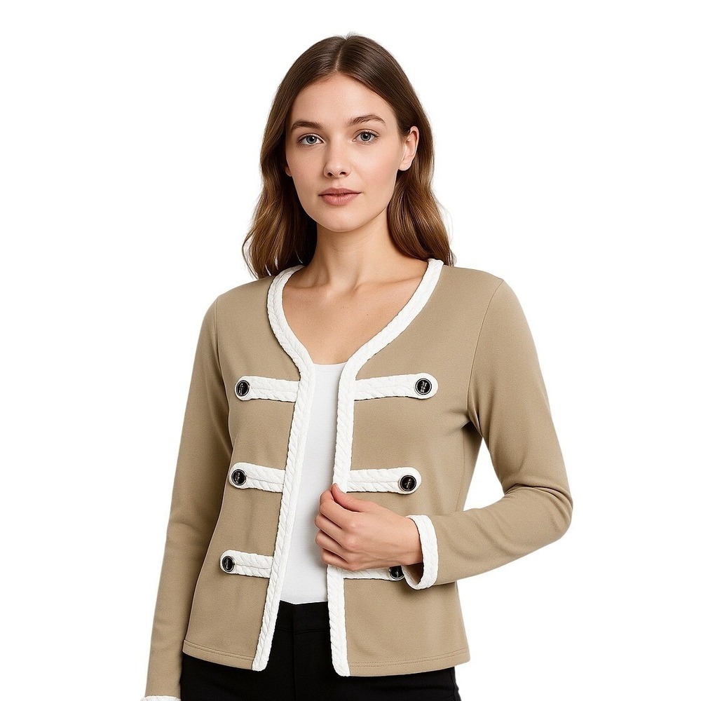 Katherine New York Cardigan Khaki Tan Military Band Braided‎ Collarless Jacket S